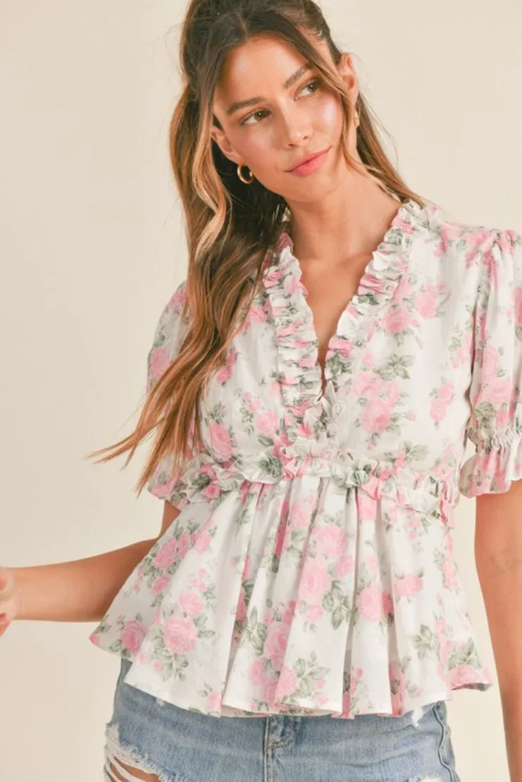 Lilibet Floral Print Puff Sleeve Ruffle Top