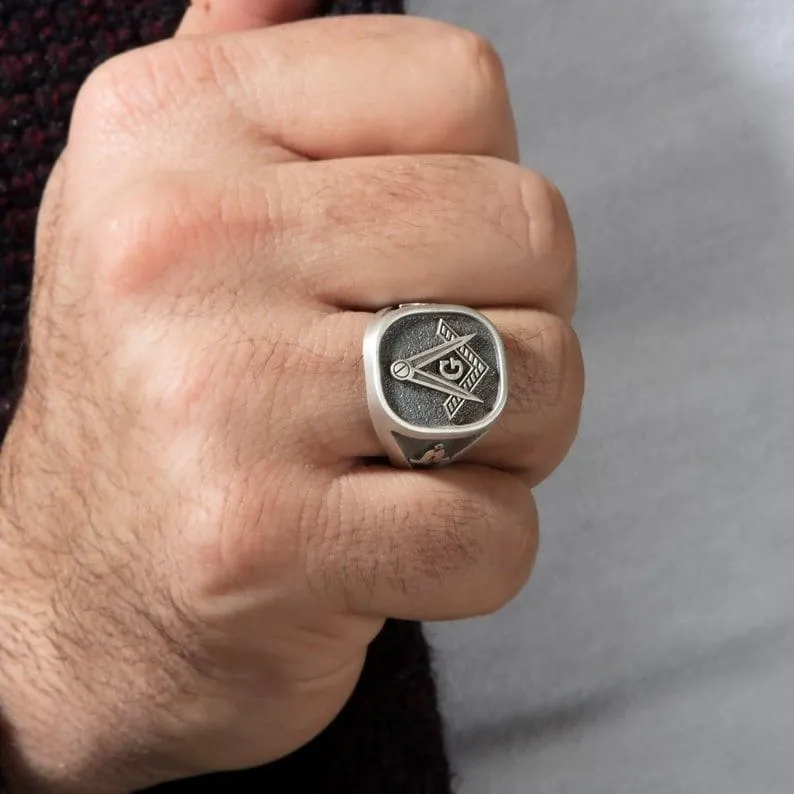 Masonic Ring, Men Signet Silver Rings, Freemason Ring, Master Mason Ring, "G" Monogram Ring