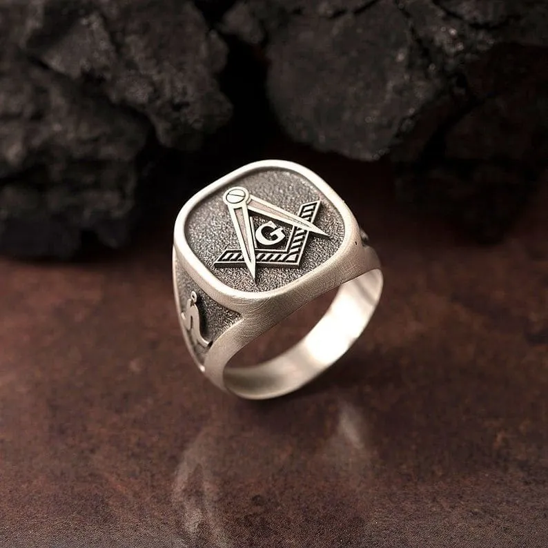 Masonic Ring, Men Signet Silver Rings, Freemason Ring, Master Mason Ring, "G" Monogram Ring