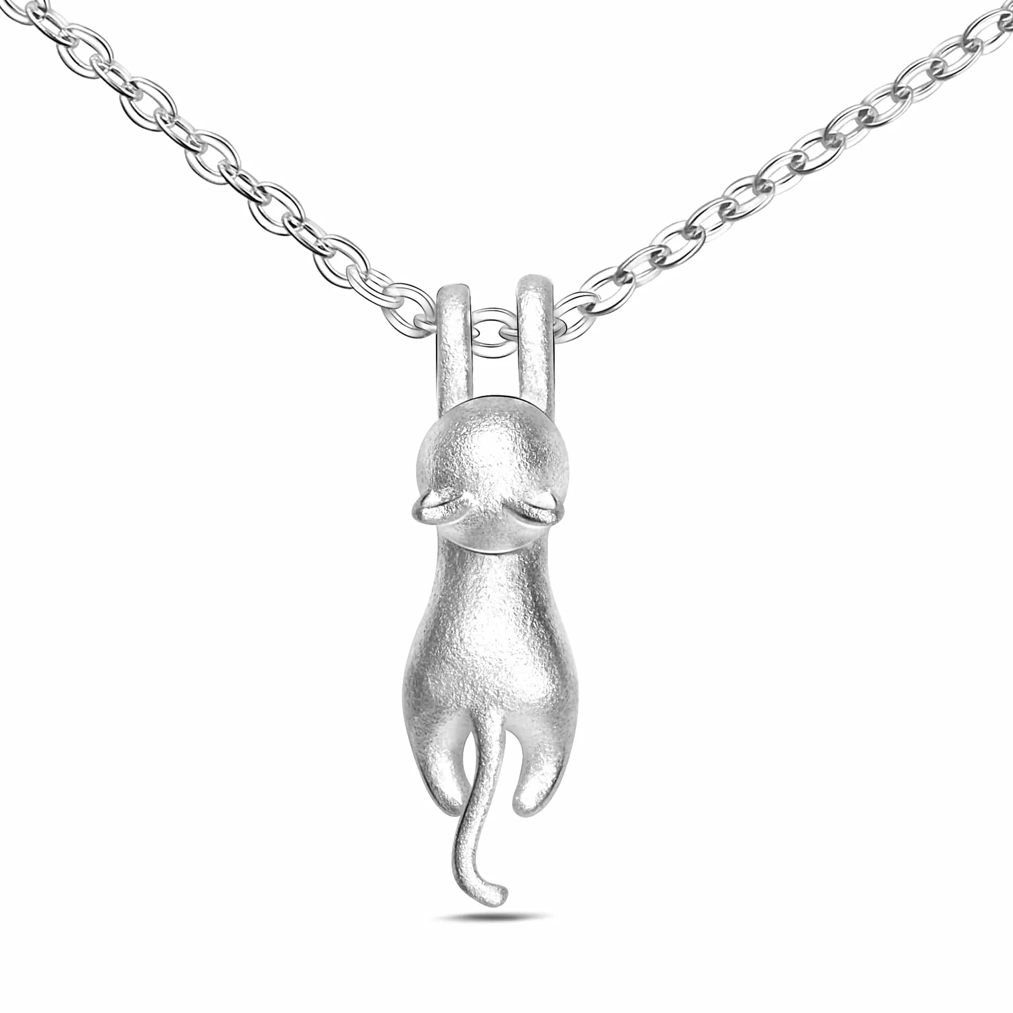 Matte Hanging Cat Necklace Sterling Silver