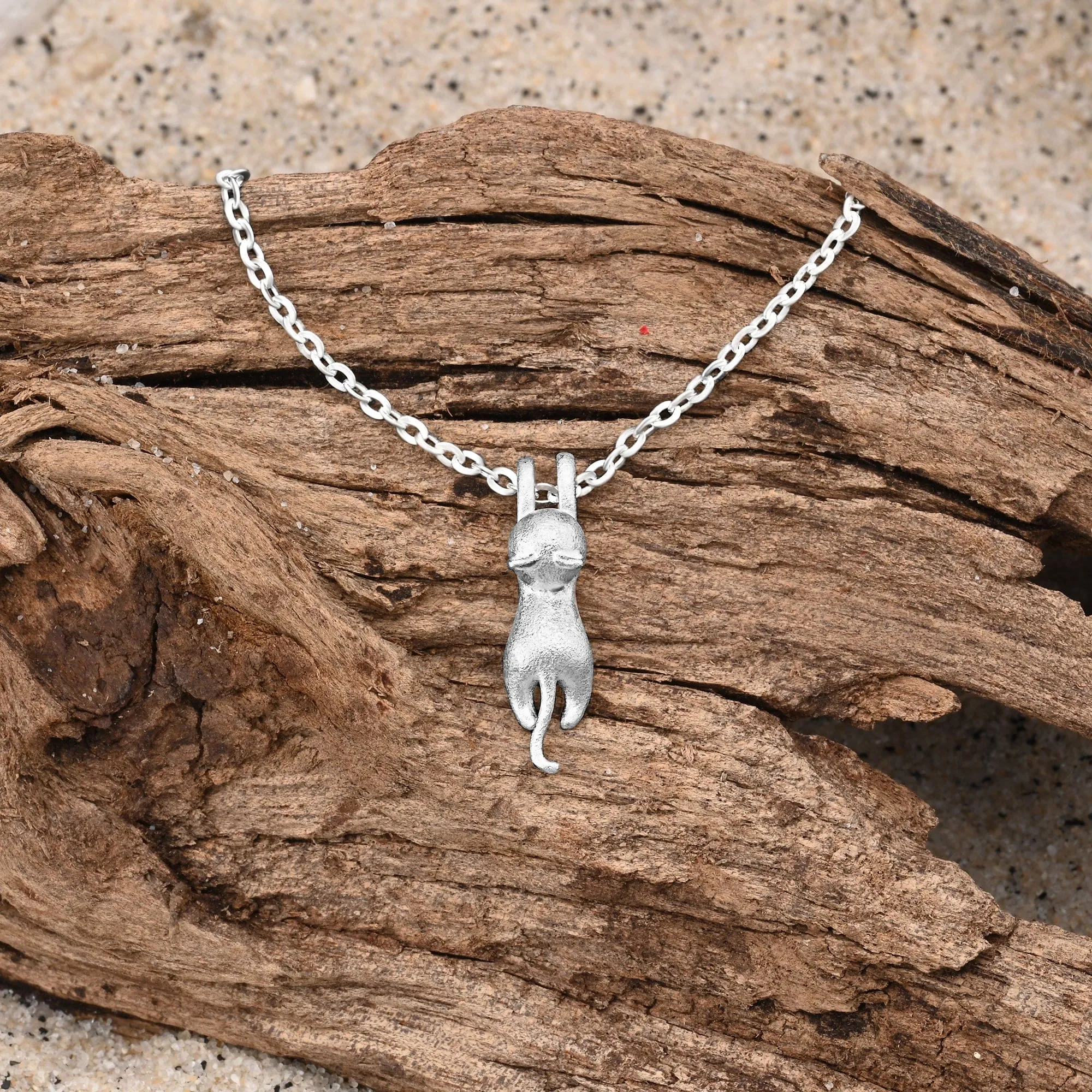 Matte Hanging Cat Necklace Sterling Silver