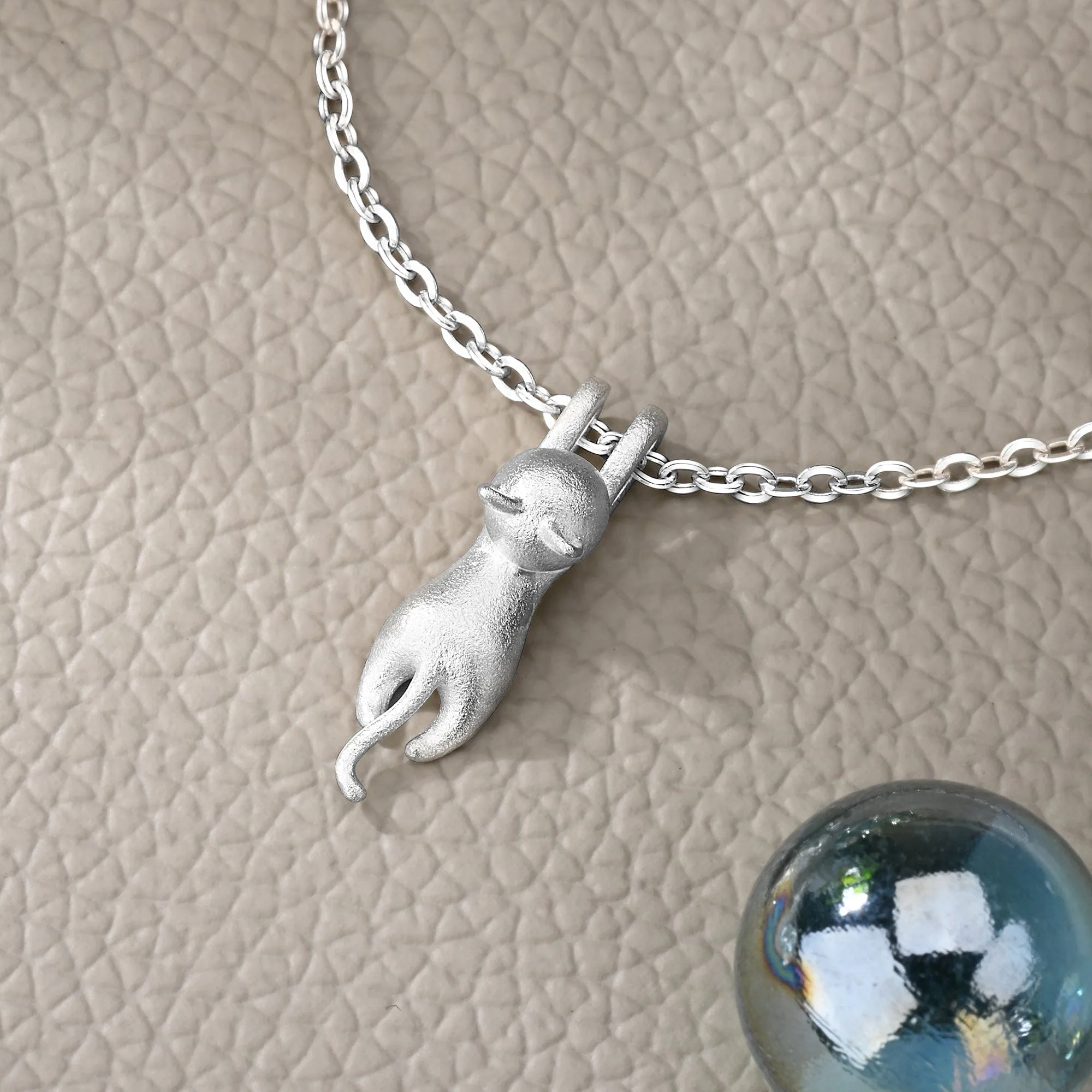 Matte Hanging Cat Necklace Sterling Silver