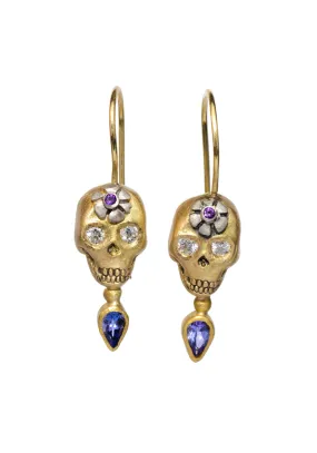 Melinda Risk Lotus Flower Tanzanite Skull Dangle Earrings