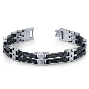 Men's Black and Silver-Tone Stainless Steel Greek Key Bracelet