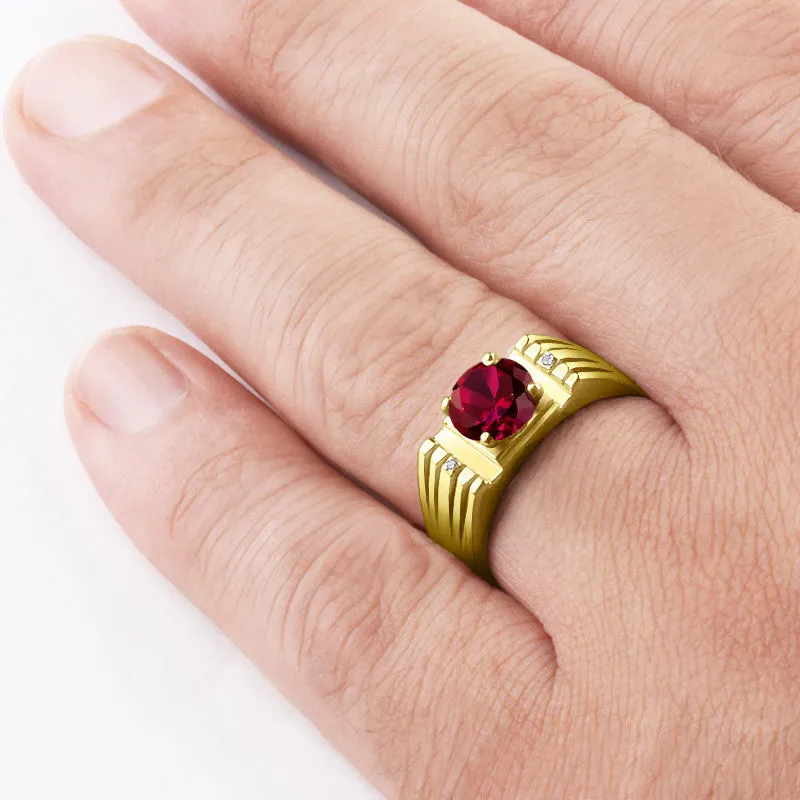 Men's Ring with Red Ruby and Genuine Diamonds in 10k Yellow Gold