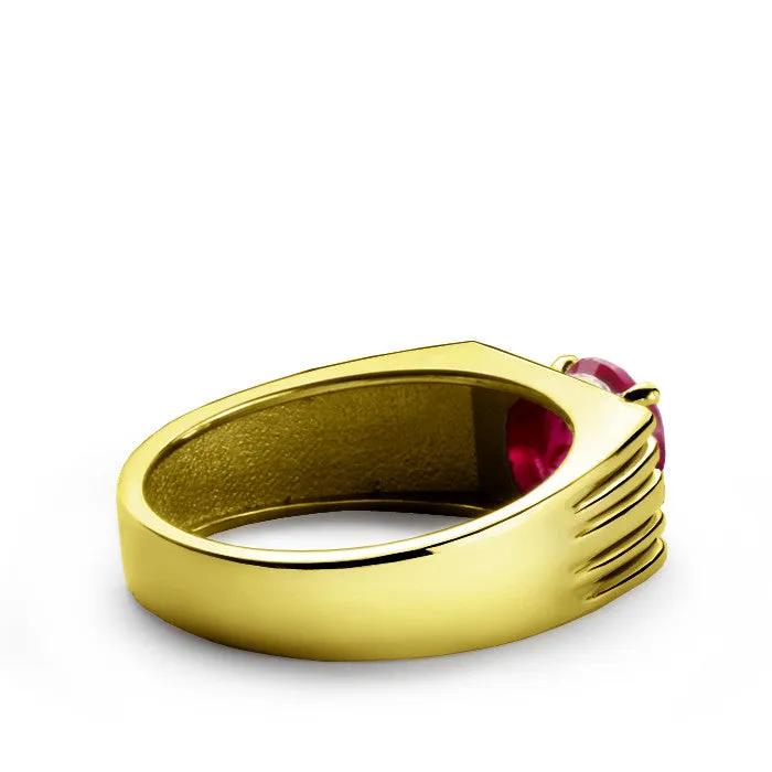 Men's Ring with Red Ruby and Genuine Diamonds in 10k Yellow Gold