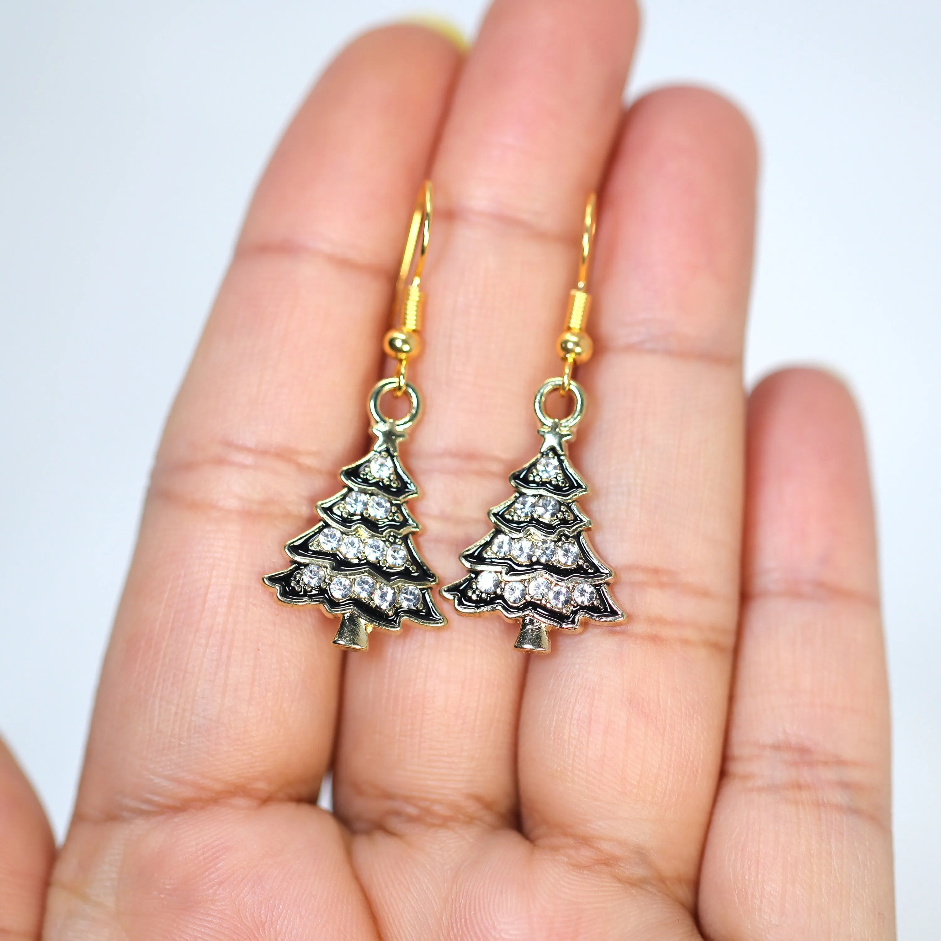 Minimalist Rhinestone Black Christmas Tree Dangle Earrings, Crystal Tree Earring, Statement Christmas Earring.