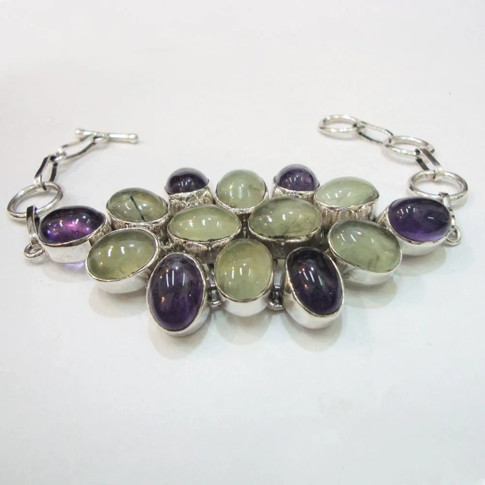 Moss Prehnite & Amethyst Link Chain Bracelet, Wedding Gift , 925 Sterling Silver Handcrafted stone bracelet Jewelry for unisex