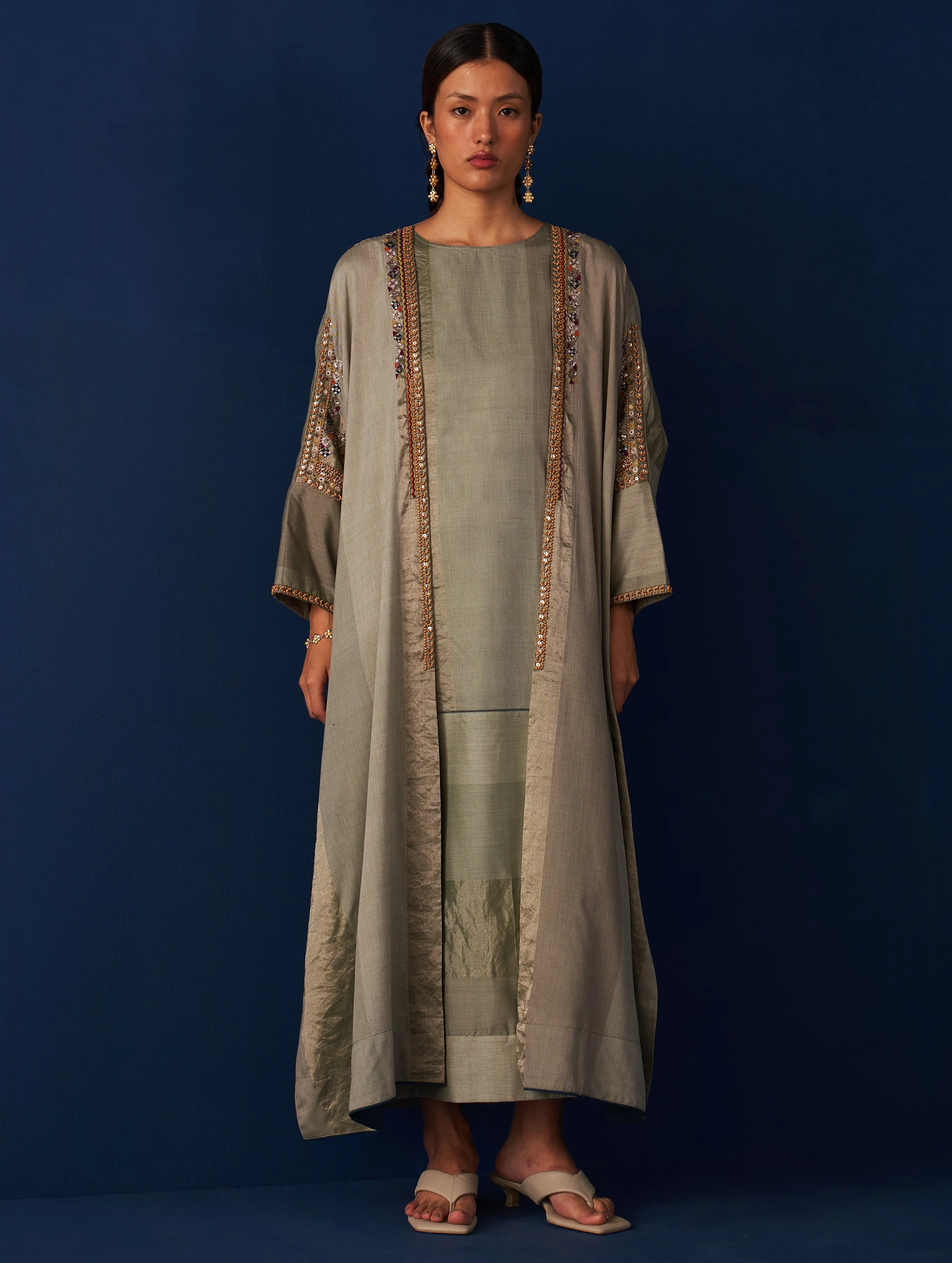 Nadia Embroidered Overlay with Dress -Sage Grey