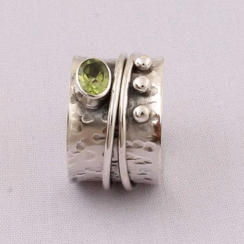 Natural Peridot Spinner 925 Sterling Silver Ring,Oval Shape,Designer Handmade Band Jewelry