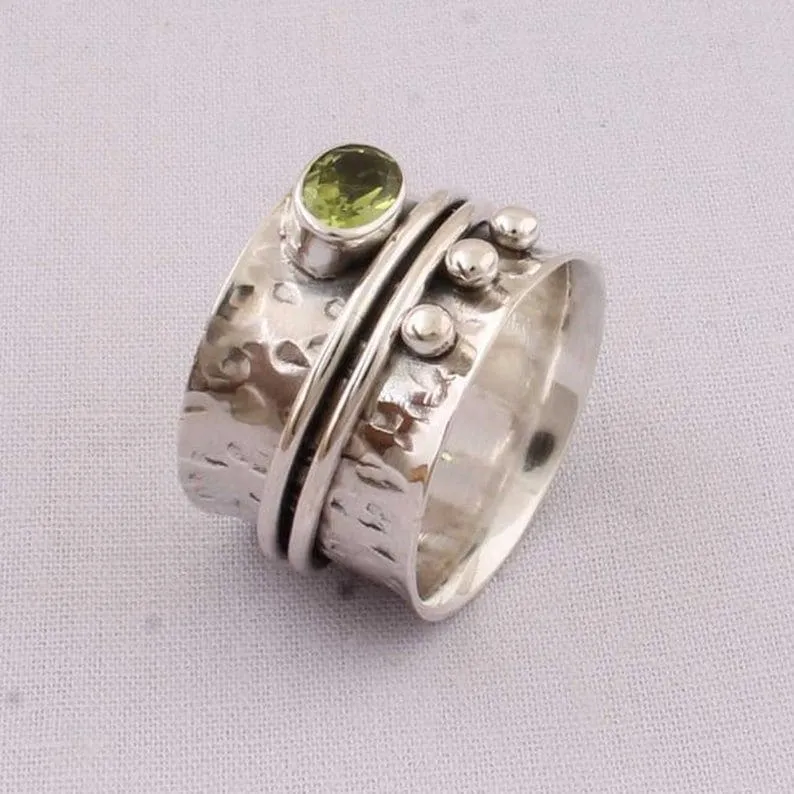 Natural Peridot Spinner 925 Sterling Silver Ring,Oval Shape,Designer Handmade Band Jewelry