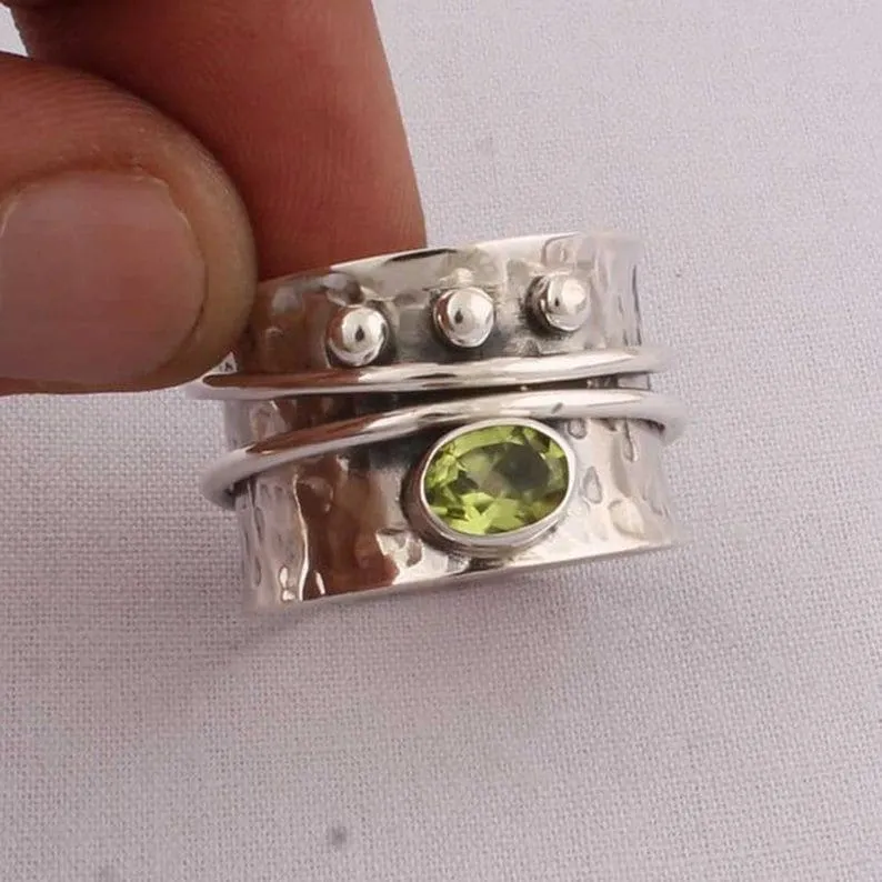 Natural Peridot Spinner 925 Sterling Silver Ring,Oval Shape,Designer Handmade Band Jewelry