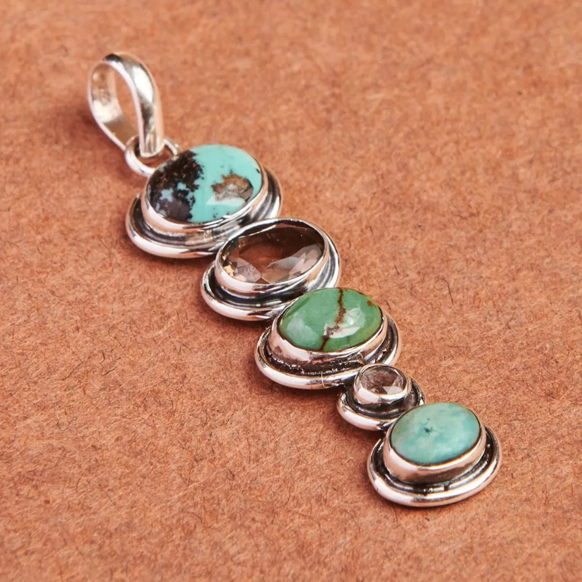 Natural Tibetan Turquoise and Green Amethyst Sterling Silver Pendant, Nickel Free, Handmade Jewelry