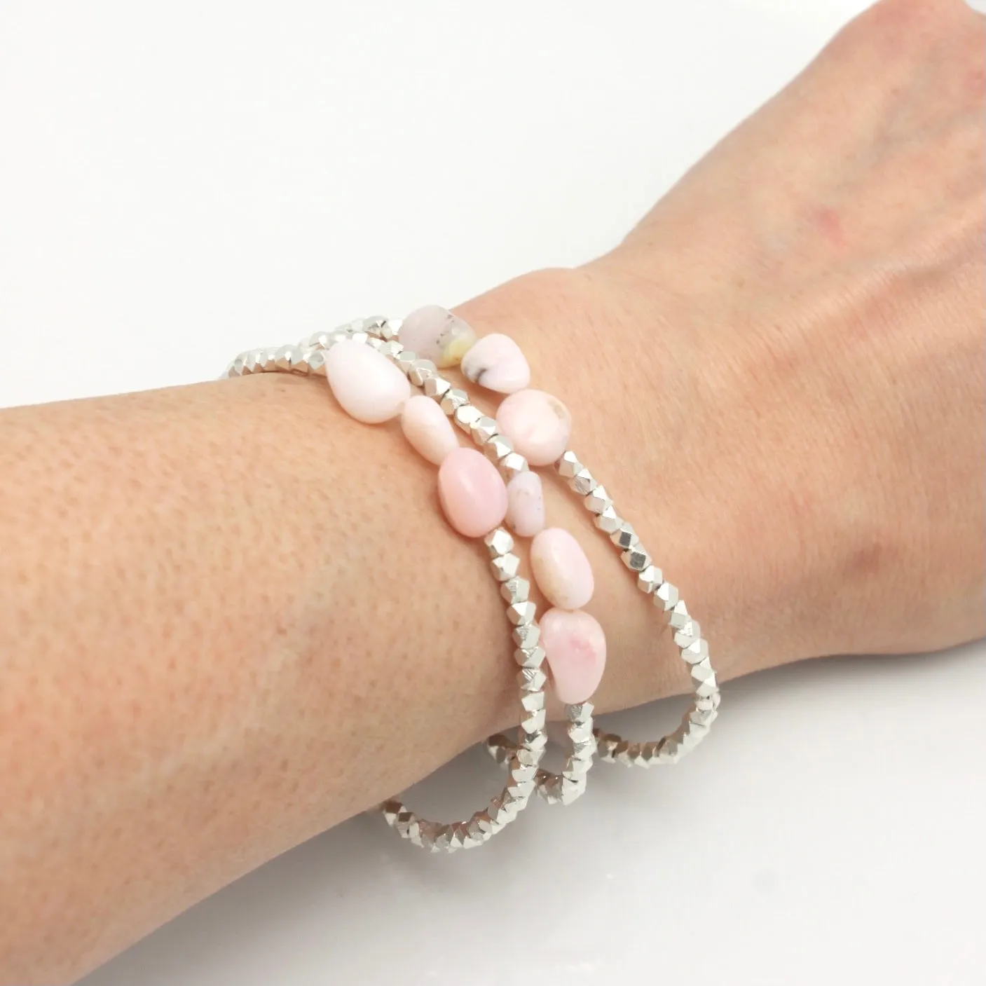 Peruvian Pink Opal & Fine Silver Stretch Bracelet