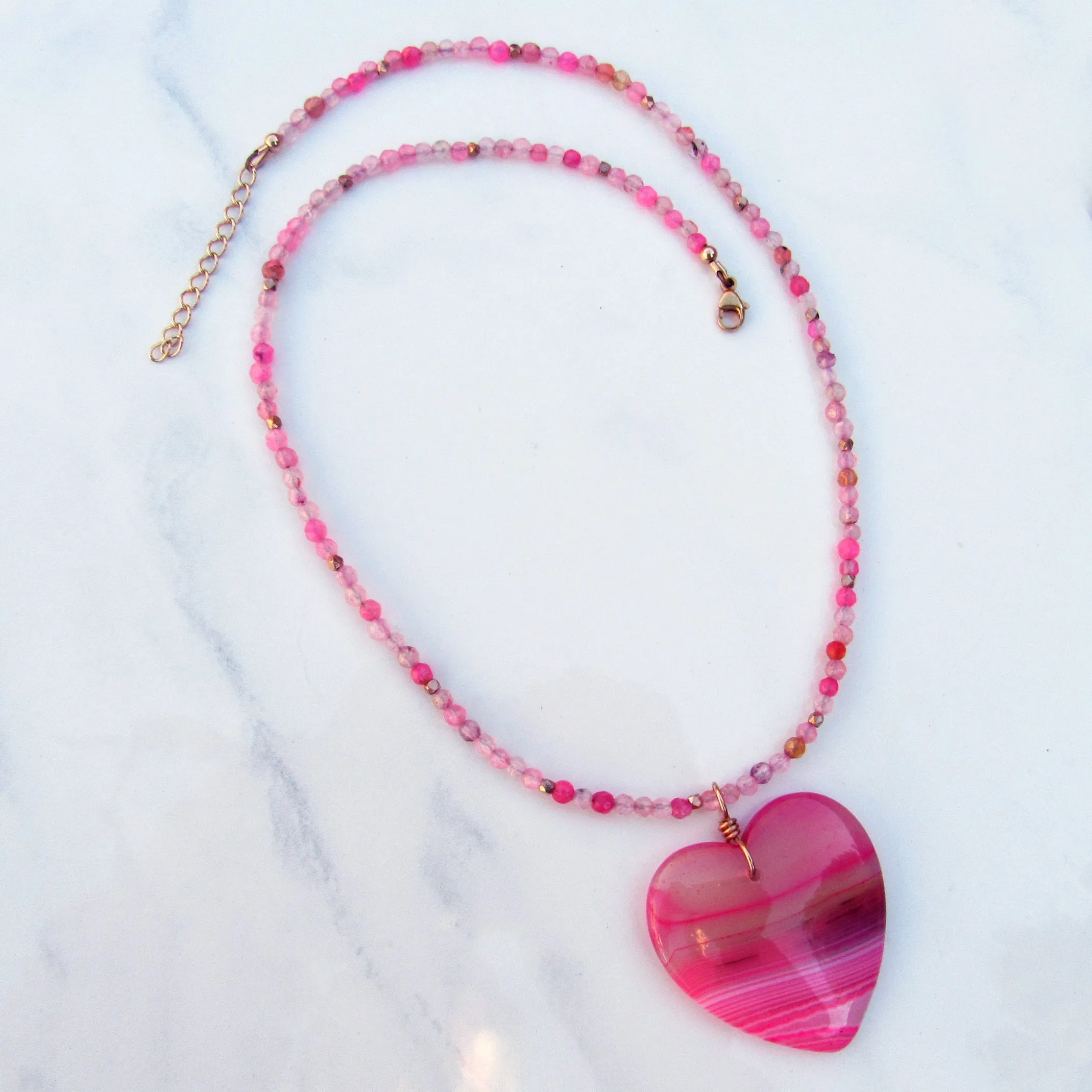 Pink Banded Agate gemstone Heart on pink agate necklace