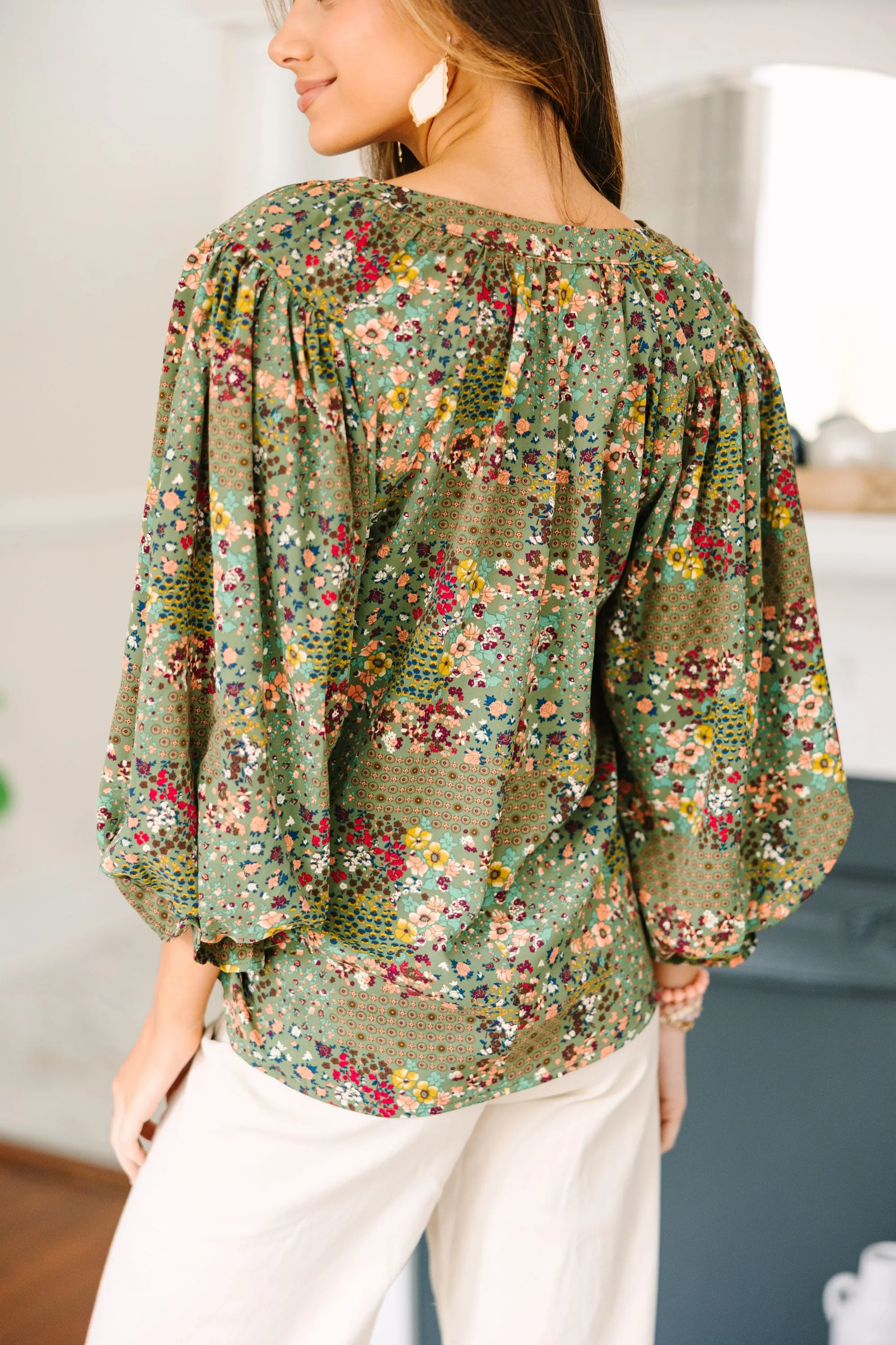 Places To Go Olive Green Ditsy Floral Blouse