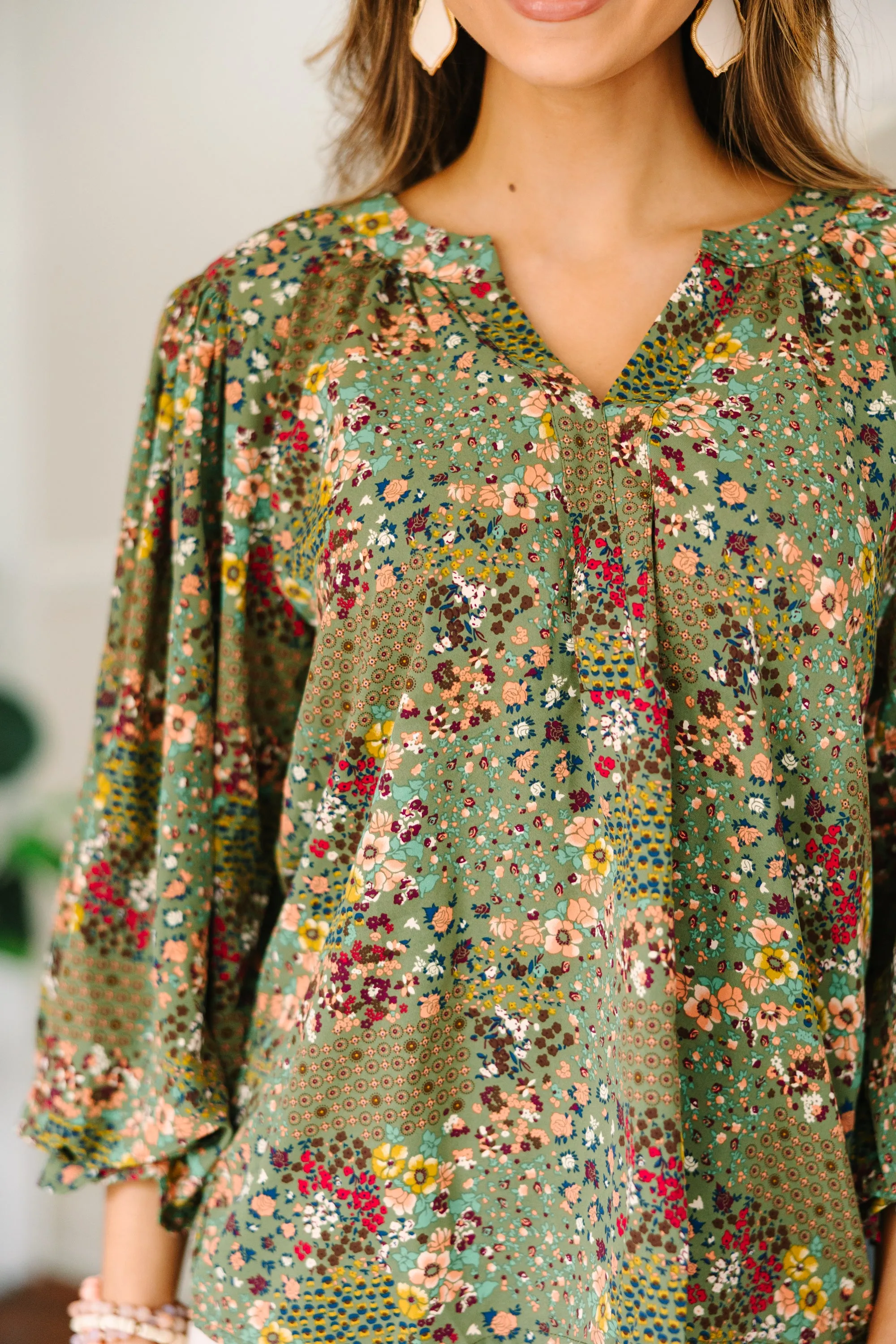 Places To Go Olive Green Ditsy Floral Blouse