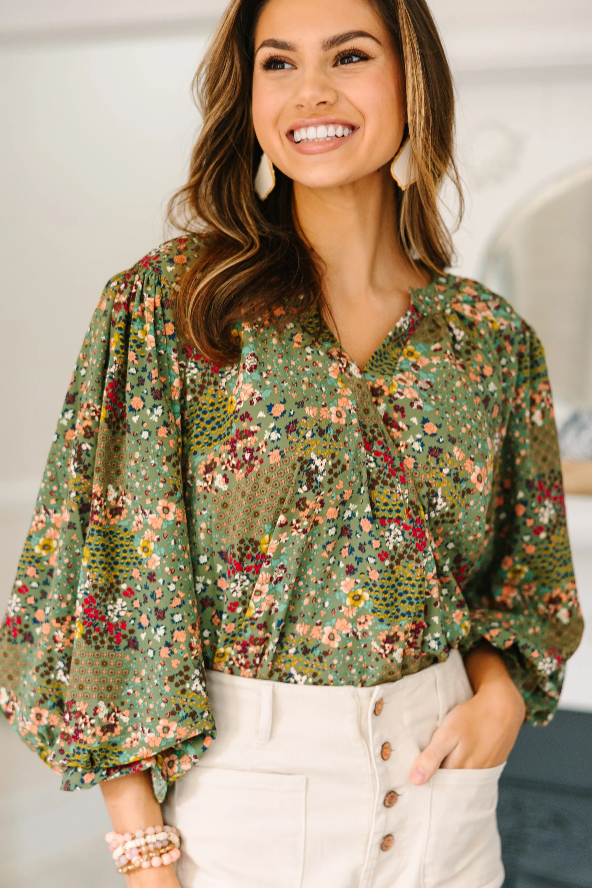 Places To Go Olive Green Ditsy Floral Blouse