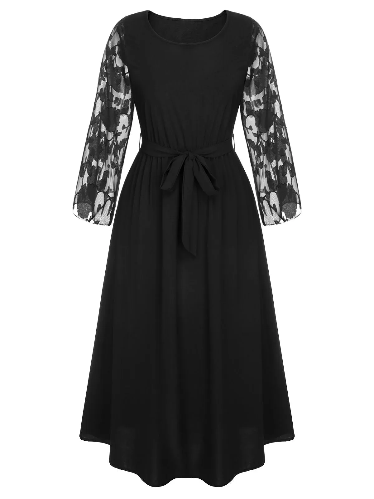 [Plus Size] Black 1930s Mesh Rose Patchwork Dress