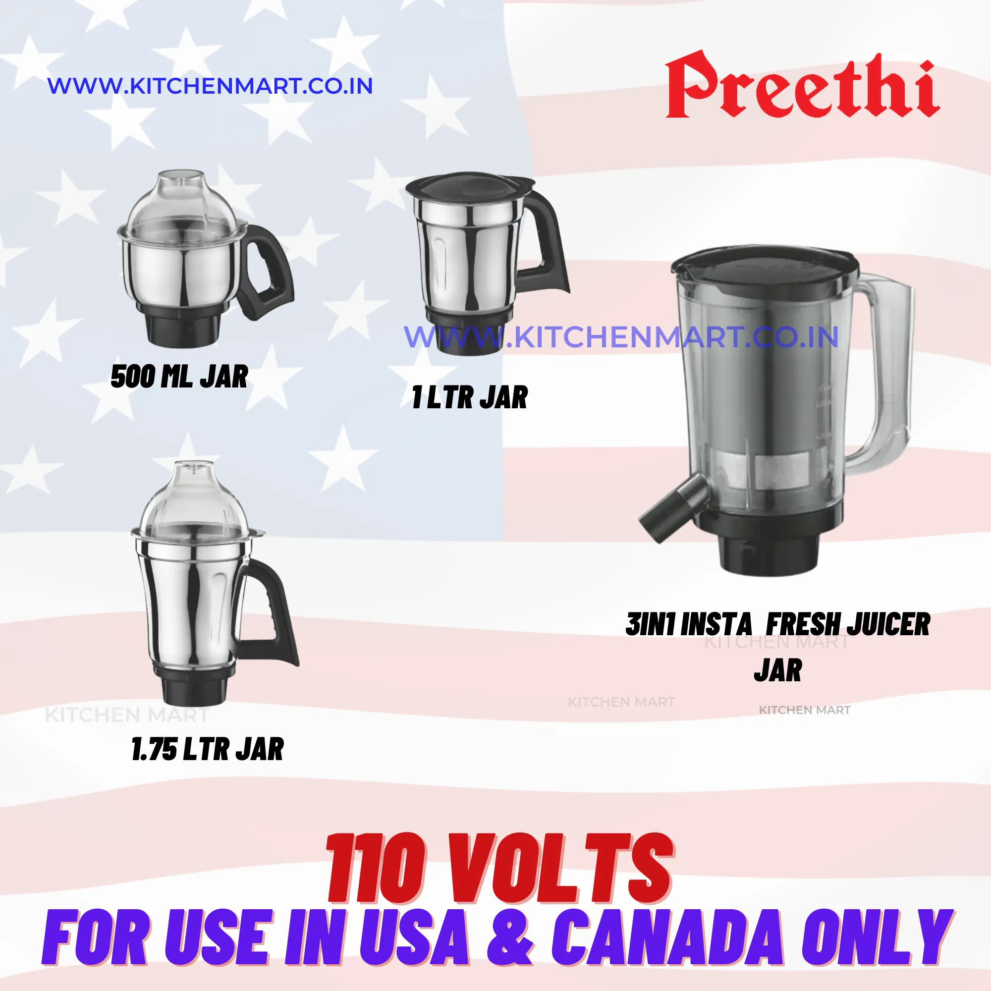 Preethi Zodiac 550-Watt Mixer Grinder with 5 Jars (110 Volts for use in USA & Canada only)