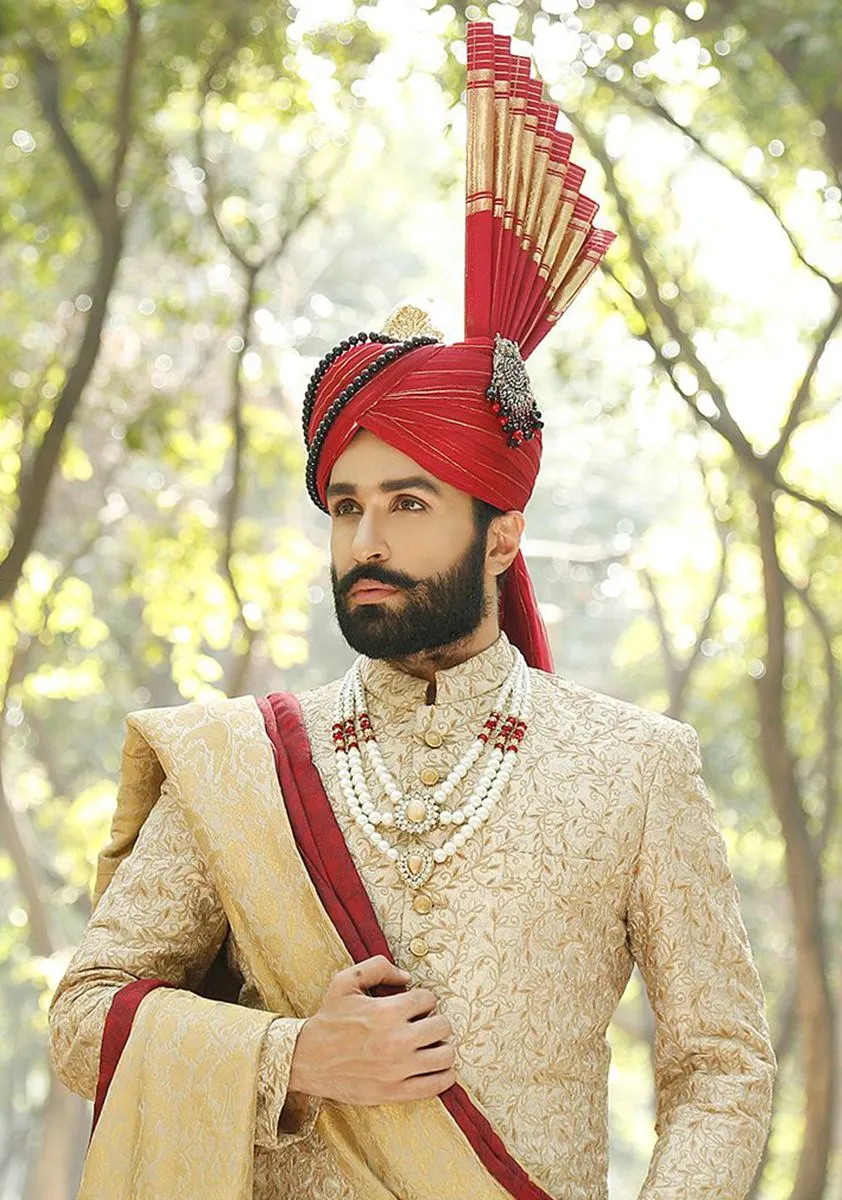 Premium Embroidered Golden Flame Sherwani