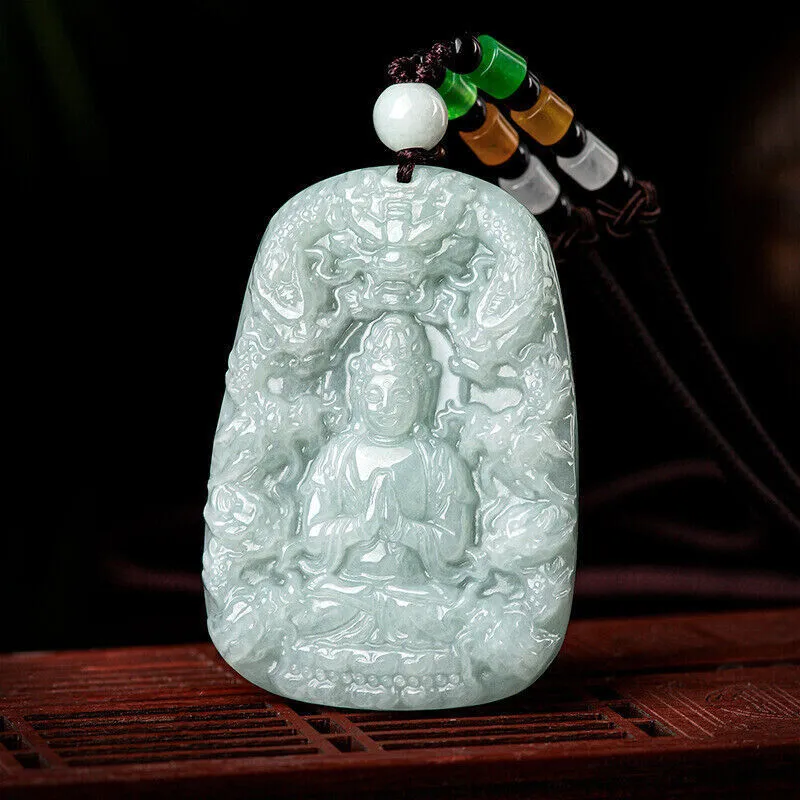 Real Grade A 100% Natural Green Jade Jadeite Kwan Yin and the Dragon Pendant #9-1226