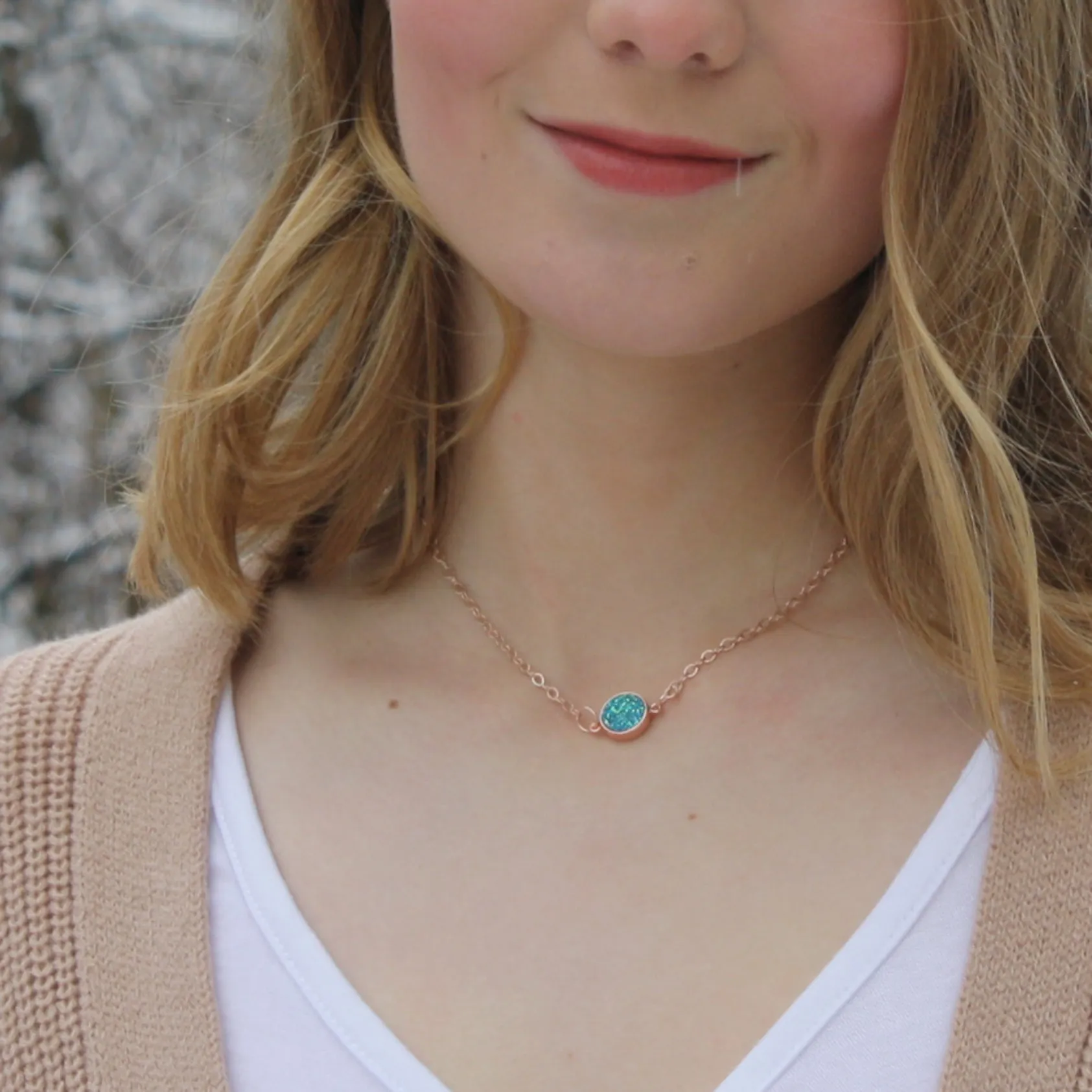 Rose Gold Dainty Druzy Pendant Chain Necklace