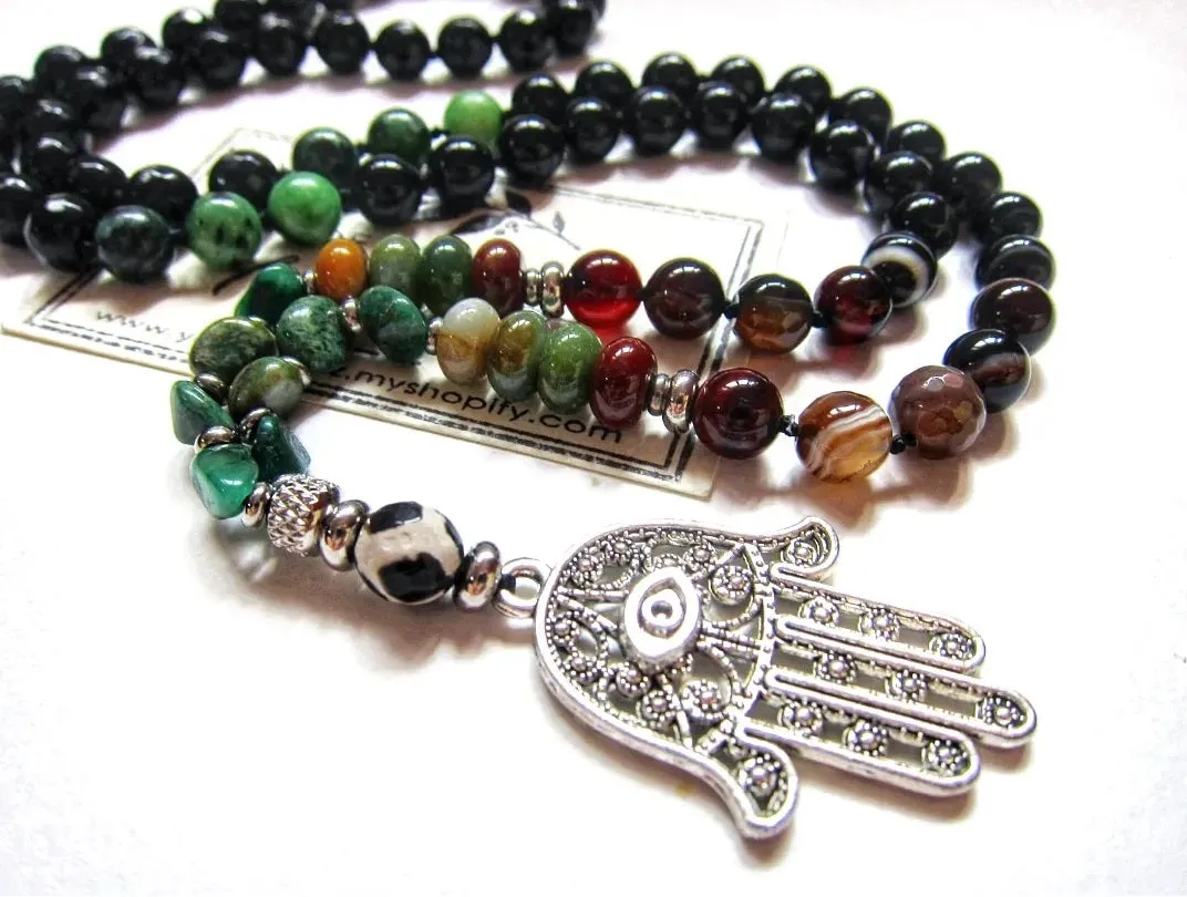 SALE - Abundance, Grounding & Protection Mala in Hamsa Pendant Necklace for Him or Her