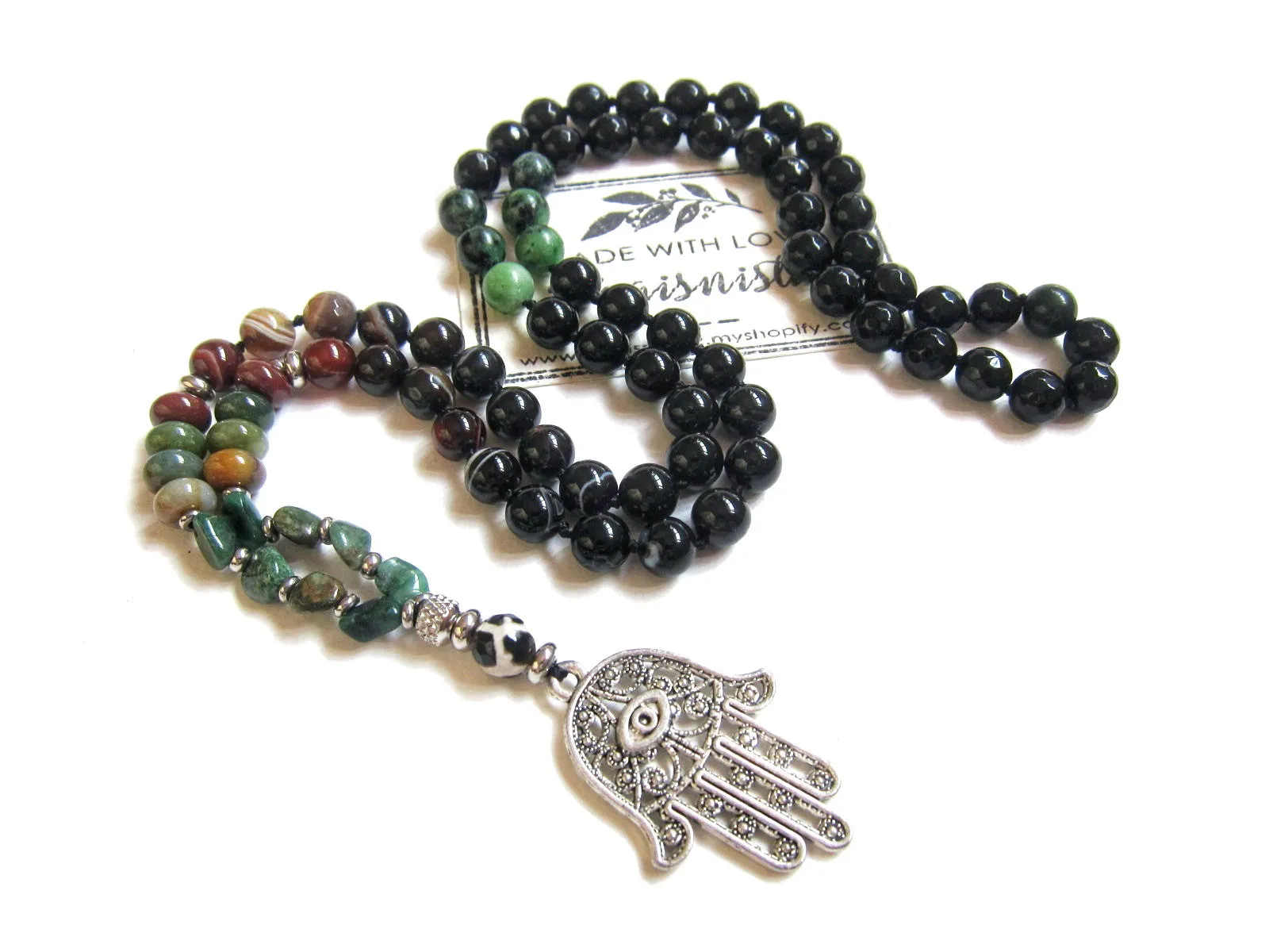 SALE - Abundance, Grounding & Protection Mala in Hamsa Pendant Necklace for Him or Her