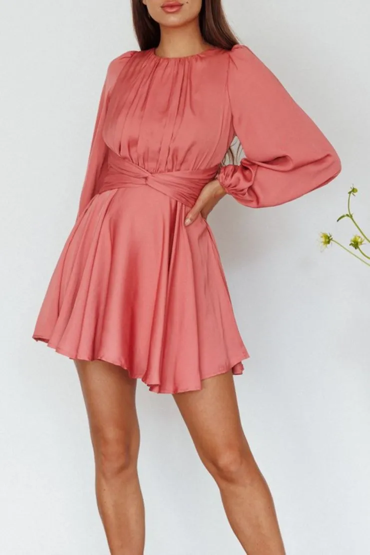 Serena Rose Pink Long Sleeve Satin Mini