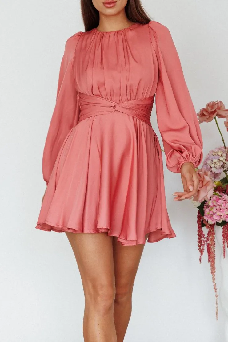 Serena Rose Pink Long Sleeve Satin Mini