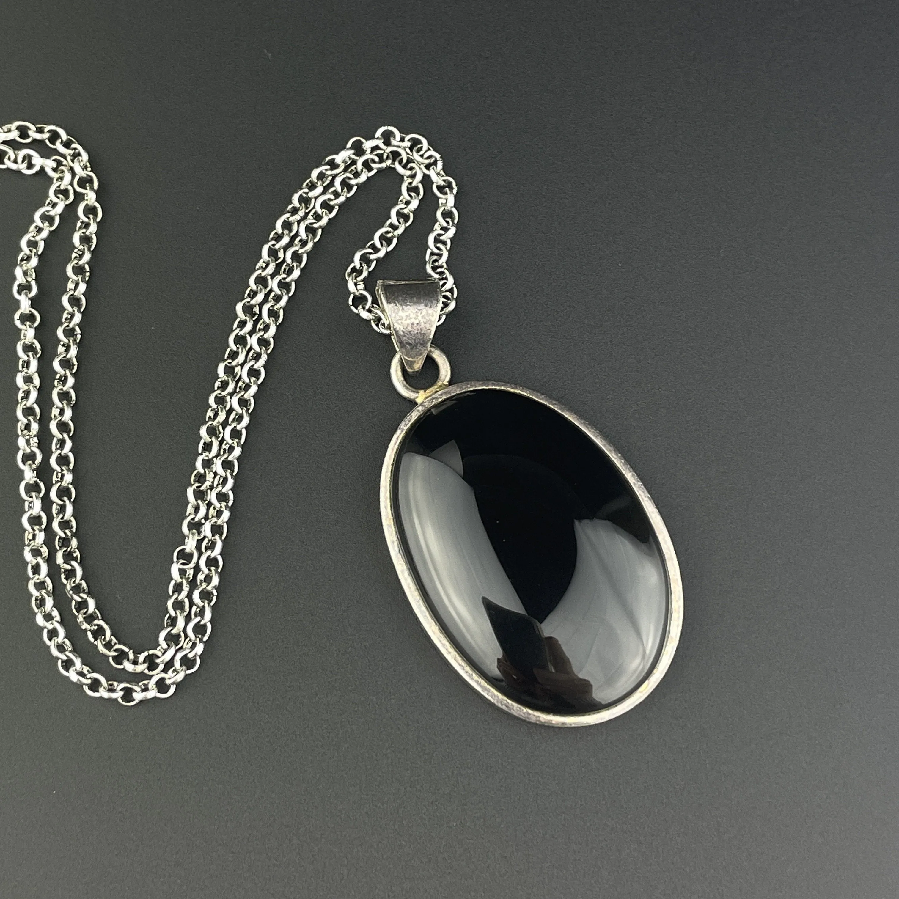 Silver Large Black Onyx Pendant Necklace