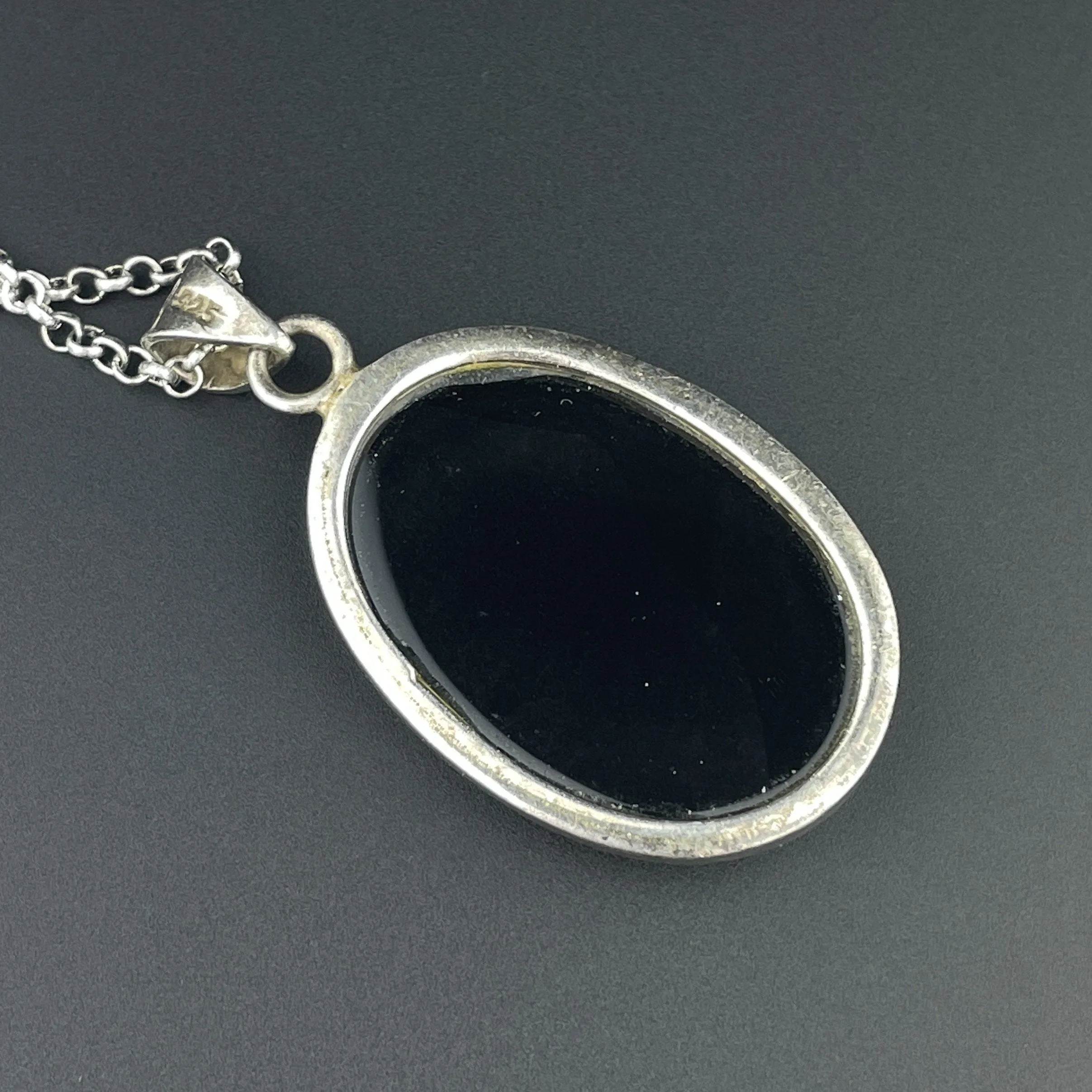 Silver Large Black Onyx Pendant Necklace