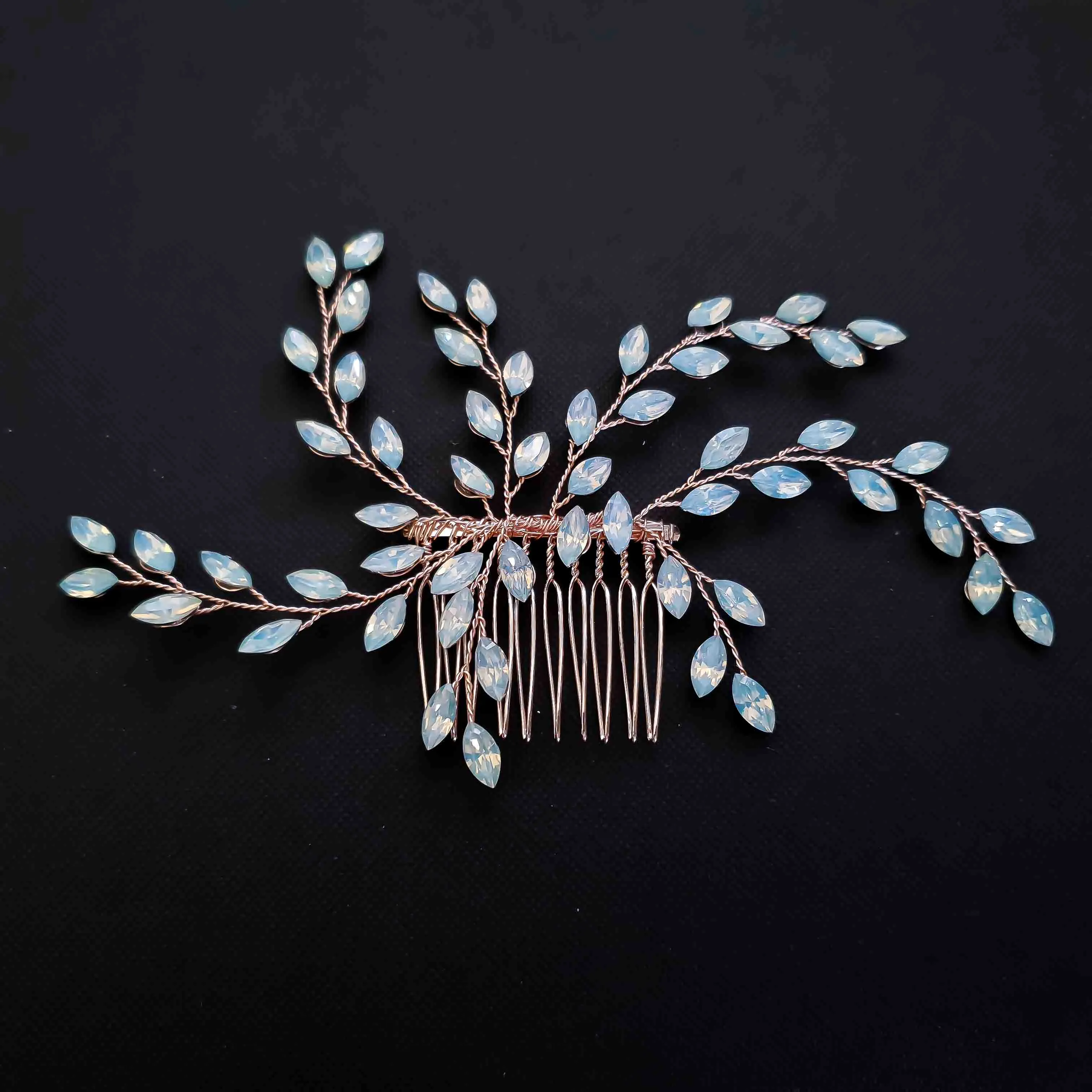 Simple Rose Gold Hair Comb with Blue Opal Crystals-Laura