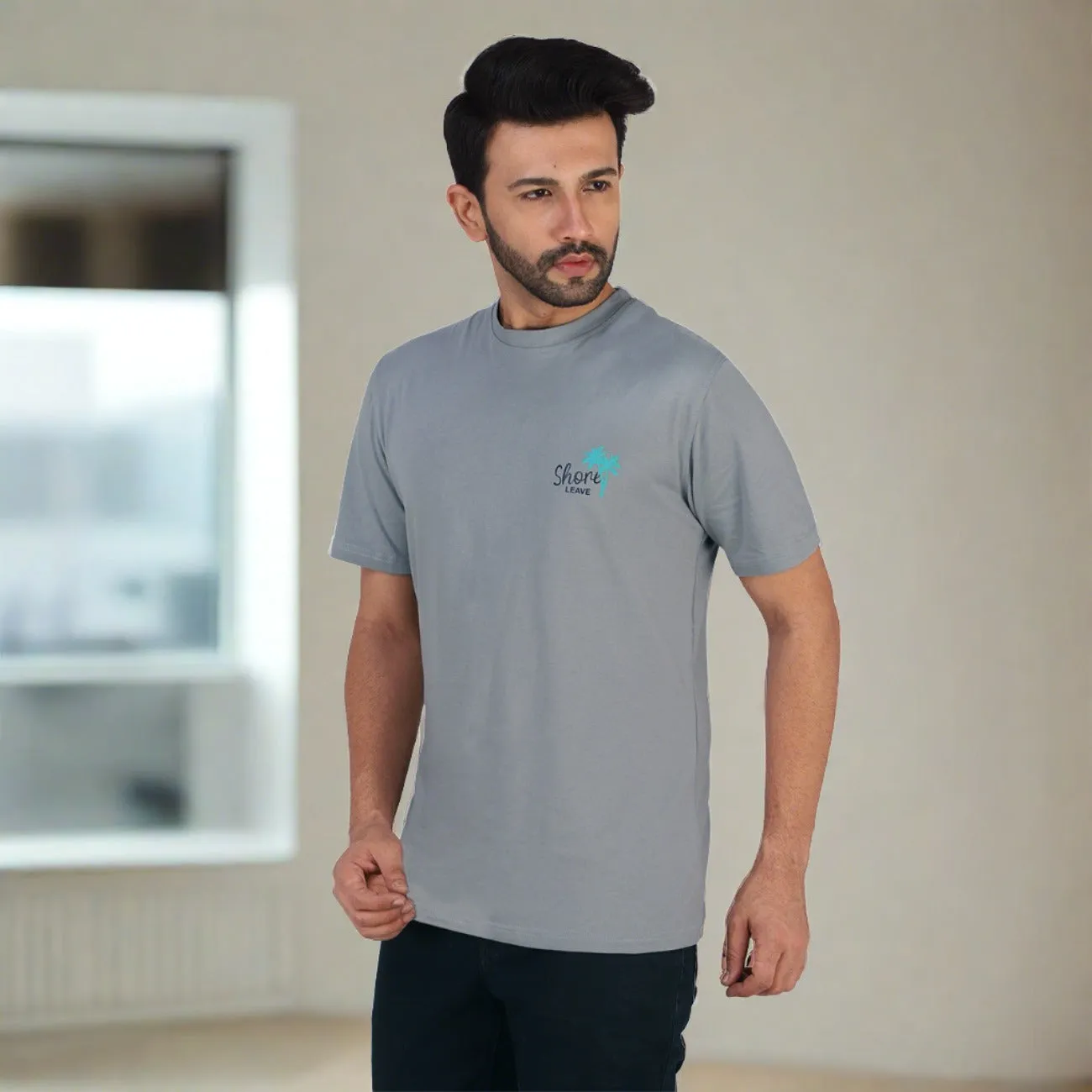 Soft Enzyme Washed Stone Grey Round Neck Cotton T-shirt