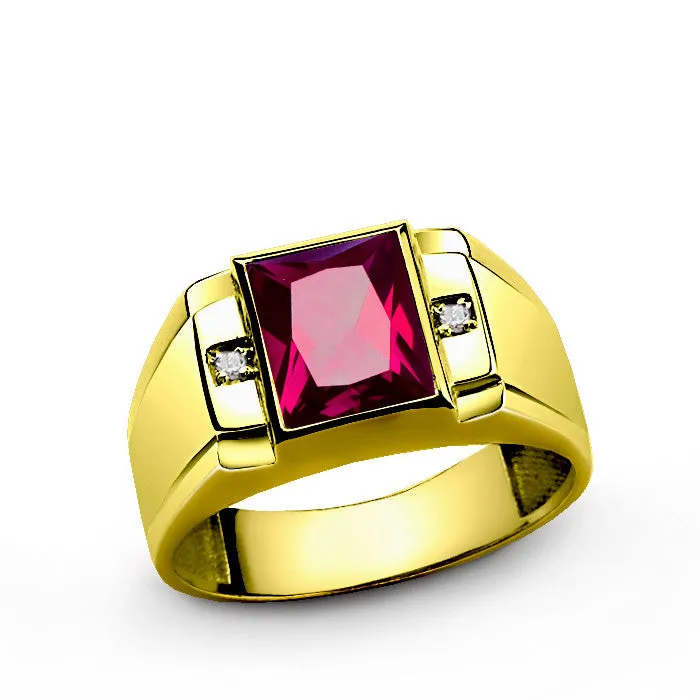 Statement Men's Ring 10k Yellow Gold with Ruby Gemstone and Genuine Diamonds