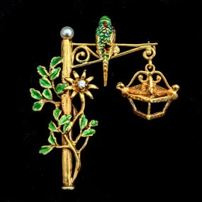 The Eze - Vintage Diamond Enamel Pearl 14k Gold Articulated Brooch