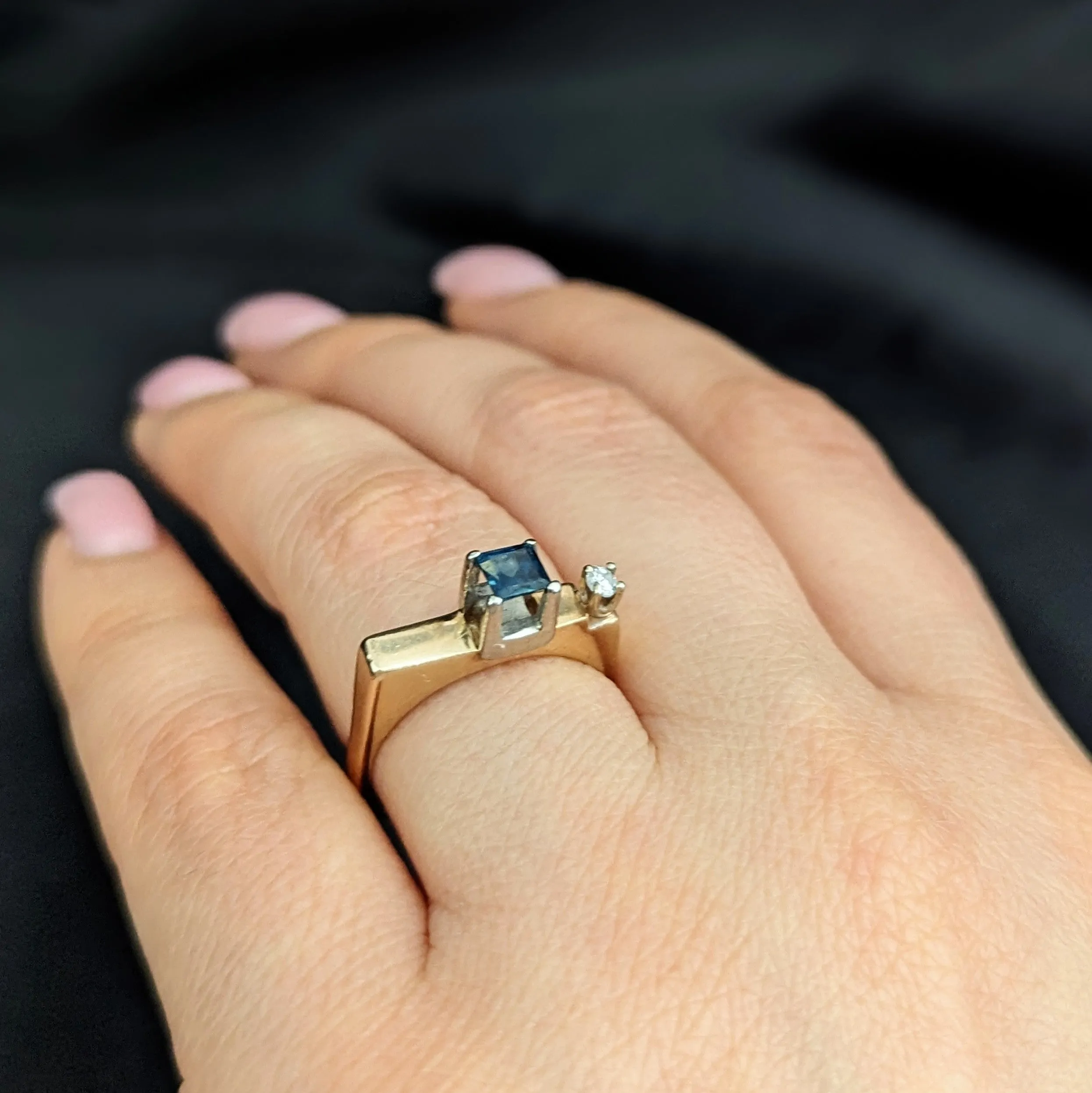 The Graham - 1970's Modernistic Sapphire Diamond 14k Gold Cocktail Ring