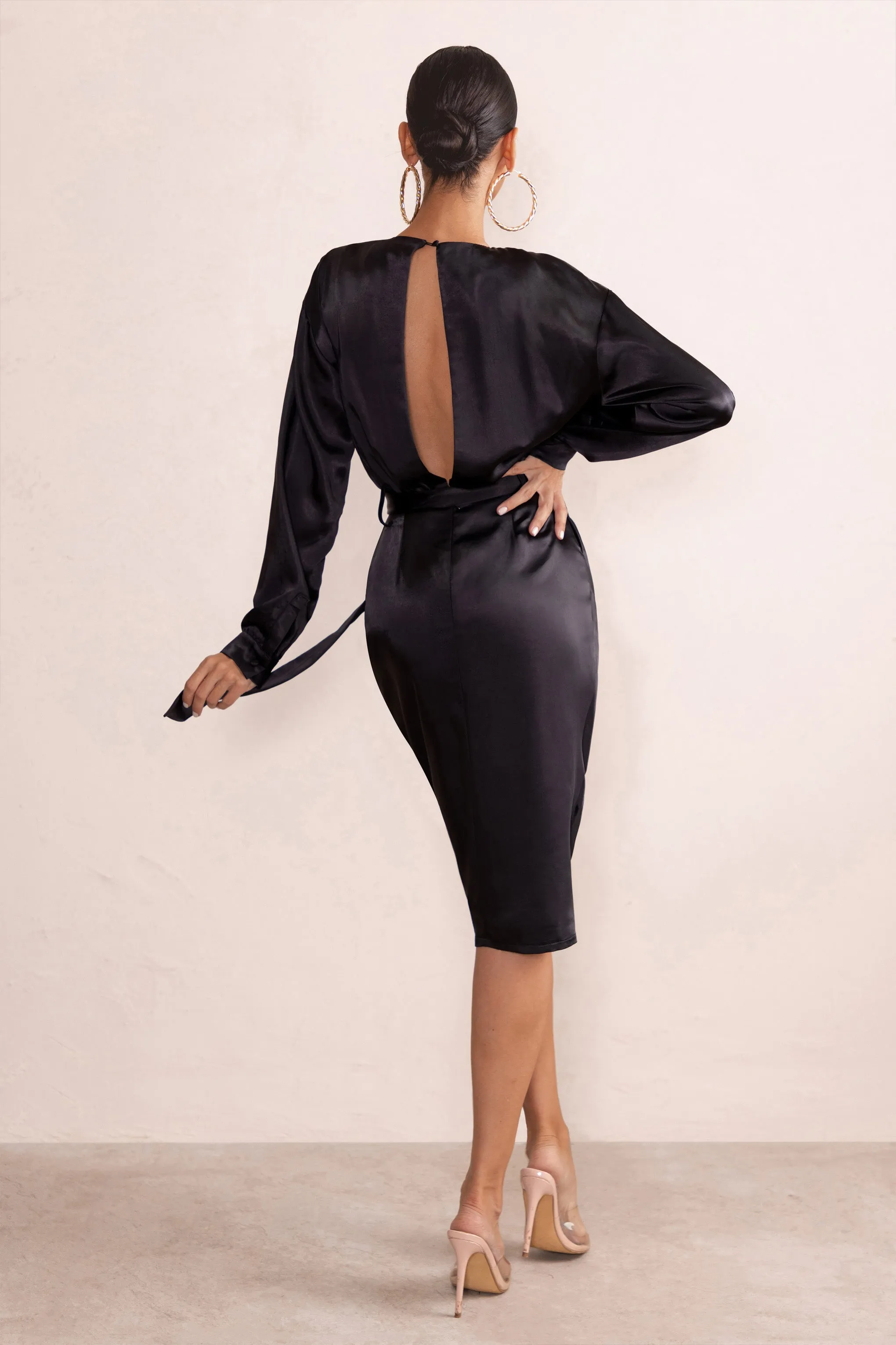 True Romance | Black Satin Plunge Neck Midi Dress With Belt Detail