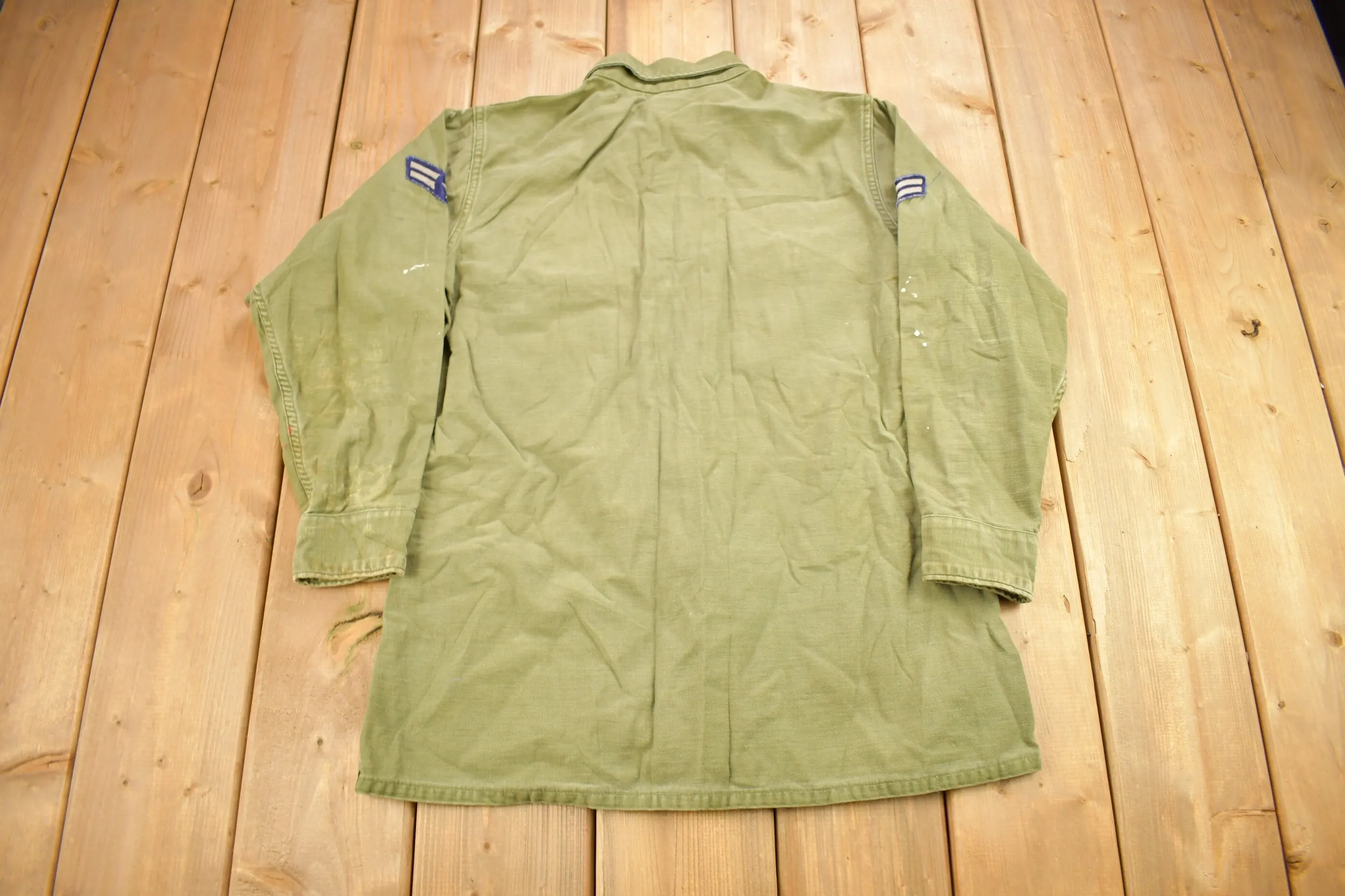 Vintage 1960s OG-107 US Air Force Military Sateen Shirt / US Army Green / Patchwork / Combat Shirt / Seesholtz