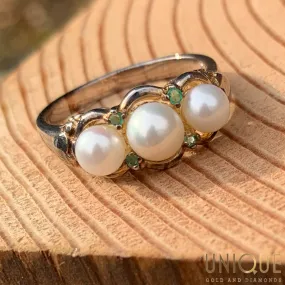 Vintage Sterling Silver Three Pearl Ring With Peridots