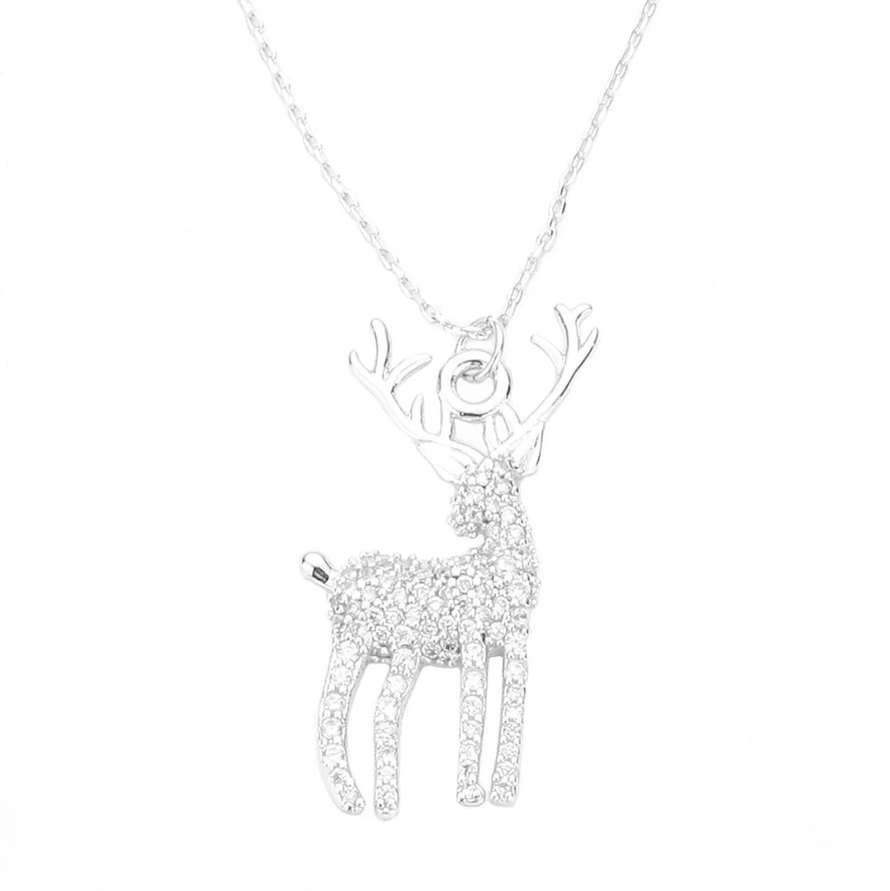 White Gold Dipped CZ Reindeer Pendant Necklace