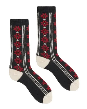 Women's Poinsettia Wool Cashmere Crew Socks (Black)