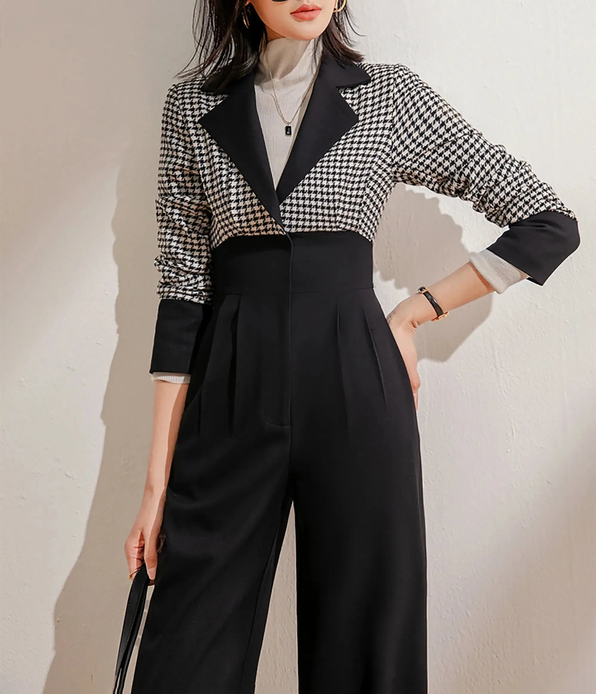 Women's Wool Jumpsuit,Wide leg Jumpsuit,Plaid Wool Rompers,long sleeve Jumpsuit,formal jumpsuit,Black Plaid Jumpsuit,Winter warm Jumpsuit