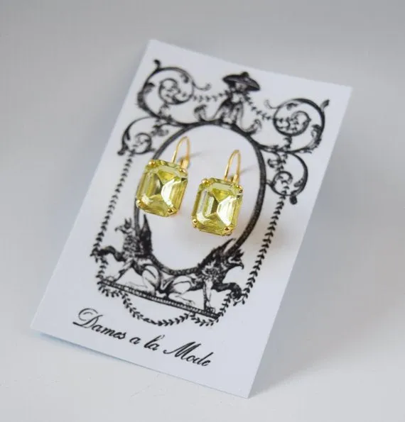 Yellow Crystal Earrings - Small Octagon